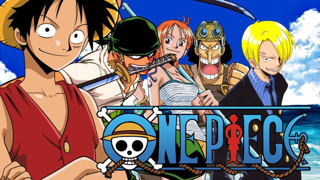 One Piece logo with Straw Hat crew behind it
